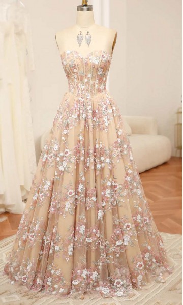 Floral Embellished Sheer Corset Prom Gowns KSP655