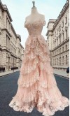 Sequined Tiered Lace Sheer Corset Pink Prom Gowns with Slit KSP650