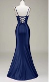 Navy Blue Satin Bustier Mermaid Prom Dresses with Spaghetti Straps KSP656