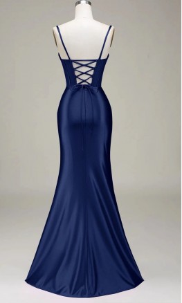 Navy Blue Satin Bustier Mermaid Prom Dresses with Spaghetti Straps KSP656