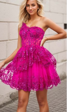 Sequined Tiered Lace One Shoulder Magenta Pink Short Graduation Dresses KSP652