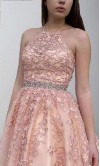 Rose Pink Appliqued Halter Tulle Prom Dress Strappy Back KSP648