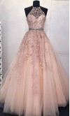 Rose Pink Appliqued Halter Tulle Prom Dress Strappy Back KSP648