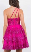 Sequined Tiered Lace One Shoulder Magenta Pink Short Graduation Dresses KSP652