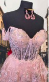 Sequined Tiered Lace Sheer Corset Pink Prom Gowns with Slit KSP650