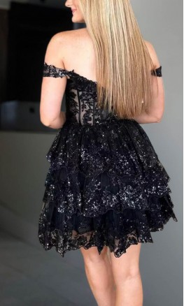 Sequined Tiered Lace Off Shoulder Short Corset Black Homecoming Dresses KSP651