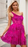 Sequined Tiered Lace One Shoulder Magenta Pink Short Graduation Dresses KSP652