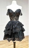 Sequined Tiered Lace Off Shoulder Short Corset Black Homecoming Dresses KSP651