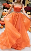 Beaded Cap Sleeves Long Orange Organza Prom Gowns KSP653