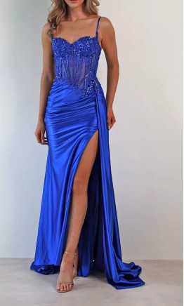 Electric Blue Sheer Corset Ruched Prom Dress with Slit KSP662