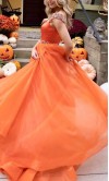 Beaded Cap Sleeves Long Orange Organza Prom Gowns KSP653 with Square Neckline