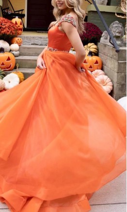 Beaded Cap Sleeves Long Orange Organza Prom Gowns KSP653 with Square Neckline