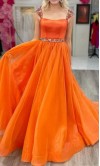 Beaded Cap Sleeves Long Orange Organza Prom Gowns KSP653 with Square Neckline