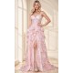 Sequined Tiered Lace Sheer Corset Pink Prom Gowns with Slit KSP650