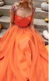 Beaded Cap Sleeves Long Orange Organza Prom Gowns KSP653