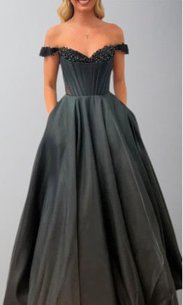 Black Off Shoulder Satin Prom Dresses with Pockets KSP670