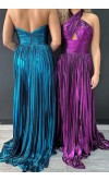 Metallic Purple Halter Cutout Long Prom Dress Slit KSP660