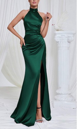 Dark Green Halter Sheath Ruched Long Bridesmaid Dresses KSP674