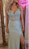 Sage Green Sheer Bodice Ruched Prom Dress with Slit KSP665