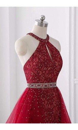 Halter Keyhole Red Short Prom Dresses with Open Back KSP654