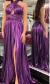 Metallic Purple Halter Cutout Long Prom Dress Slit KSP660