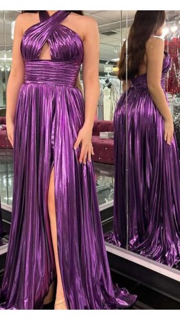 Metallic Purple Halter Cutout Long Prom Dress Slit KSP660