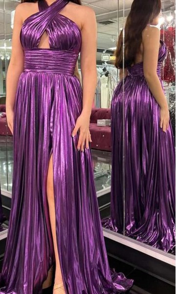 Metallic Purple Halter Cutout Long Prom Dress Slit KSP660