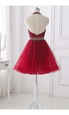 Halter Keyhole Red Short Prom Dresses with Open Back KSP654