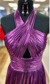 Metallic Purple Halter Cutout Long Prom Dress Slit KSP660