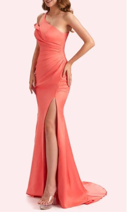 Asymmetric Coral Mermaid Formal Bridesmaid Dresses with Slit KSP661