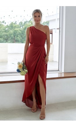 Taupe One Shoulder Wrapped Bridesmaid Dresses with Slit KSP659