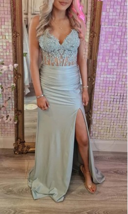 Sage Green Sheer Bodice Ruched Prom Dress with Slit KSP665