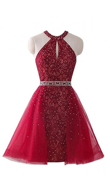 Halter Keyhole Red Short Prom Dresses with Open Back KSP654