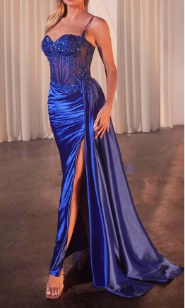 Electric Blue Sheer Corset Ruched Prom Dress with Slit KSP662