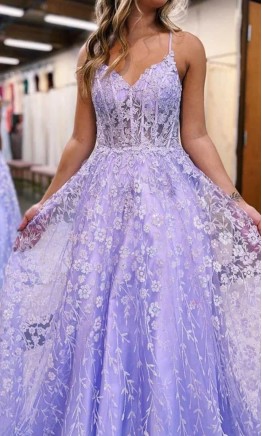 Light Purple Appliqued Sheer Corset Long Prom Gowns KSP667