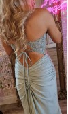 Sage Green Sheer Bodice Ruched Prom Dress with Slit KSP665