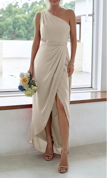 Taupe One Shoulder Wrapped Bridesmaid Dresses with Slit KSP659