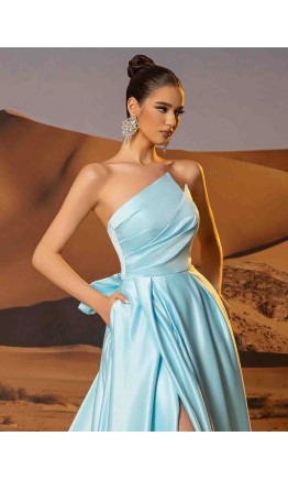 Light Blue Asymmetric Strapless Prom Ball Gowns with Pockets KSP687