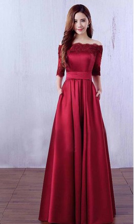 Wine Bateau Long Formal Dress with Half Sleeves KSP475