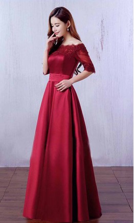 Wine Bateau Long Formal Dress with Half Sleeves KSP475