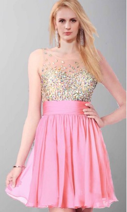 Pink Rhinestone Illusion Tunic Short Prom Dresses KSP417