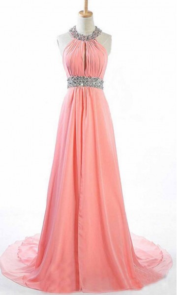 Pink Sequin Halter Keyhole Long Prom Dresses KSP443