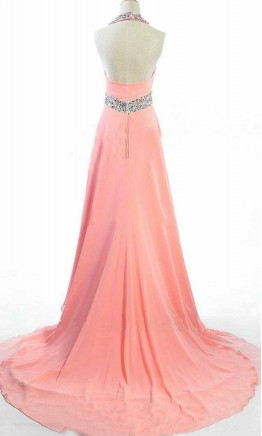 Pink Sequin Halter Keyhole Long Prom Dresses KSP443