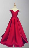 Red Satin Off Shoulder Full Length Prom Gowns KSP456