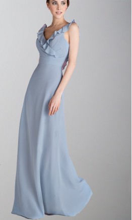 Flowy Grey Frilled V-neck Long Straps Bridesmaid Dress KSP480