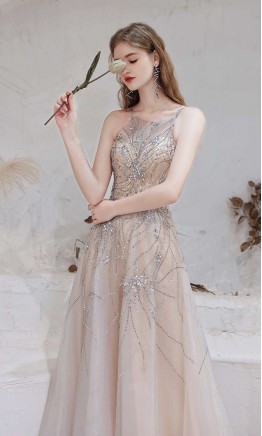 Embellished Halter Straps Long Prom Dresses With Sleeves KSP594