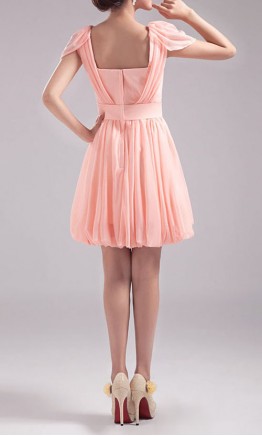 Scoop Neck Cap Sleeves Pink Chiffon Prom Dress KSP039