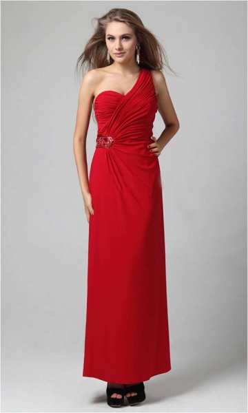 Brilliant Red One Shoulder Plicated Sequined Prom Dress KSP046