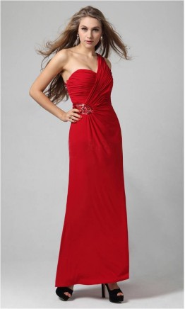 Brilliant Red One Shoulder Plicated Sequined Prom Dress KSP046