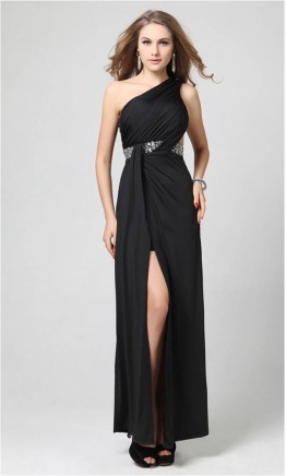 Agreeable Black One Shoulder Split Formal Dresses KSP049